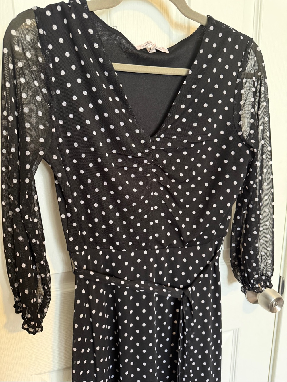 Harlow & Rose Black White Polka Dot Midi Dress Tie Waist Sheer Sleeve Size Small - Picture 3 of 8